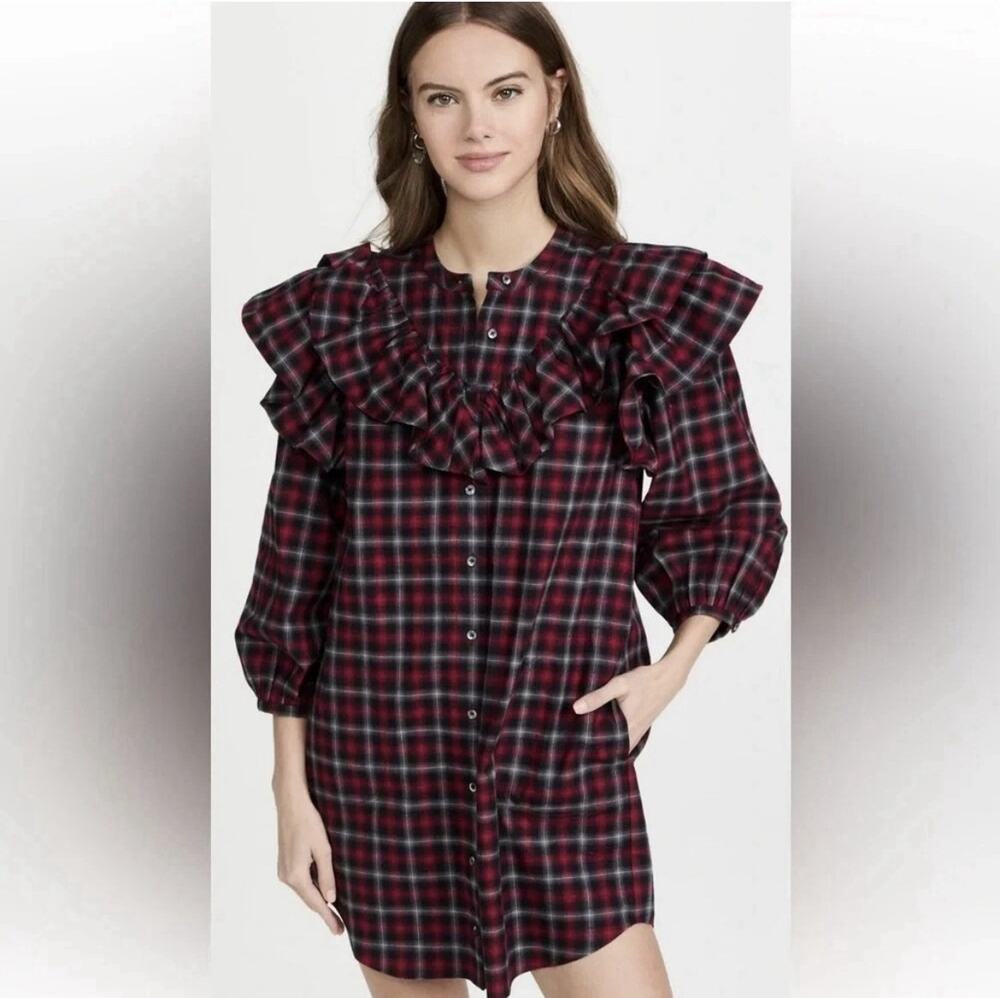 Something Navy Plaid Ruffle Button Up Pocketed Dress S NWT